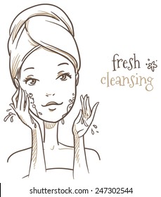 Beautiful woman, washing her face before makeup, cosmetic, spa treatment. Hand drawn vector illustration