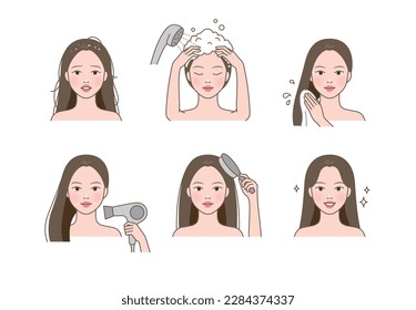 Beautiful woman washing her hair with shampoo, and drying her hair