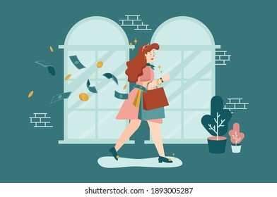 Beautiful woman wasting money on shopping inside building. Extravagant lifestyle shopping bag flat design Vector illustration 