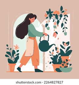 Beautiful woman watering flowers and plants at home and relaxing