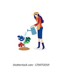 a beautiful woman watering tree or flower, watering tree at home, watering activity quarantine of covid-19 at home design vector concept.
