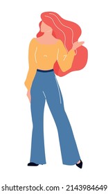 Beautiful woman with wavy ginger hair semi flat color vector character. Standing figure. Full body person on white. Simple cartoon style illustration for web graphic design and animation