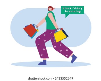 Beautiful woman wear fashionable clothes running happily while carrying lots of shopping bags, Black Friday is coming. Character design. Vector flat illustration