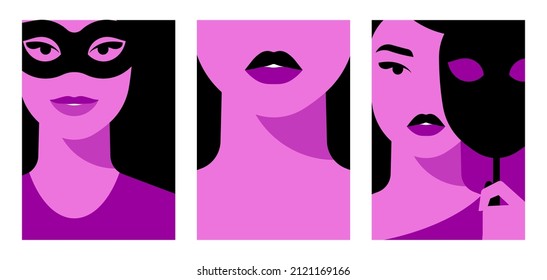 Beautiful woman wearing black masquerade carnival mask. Set of abstract illustration with pretty girl. Female face, neck, close-up portrait. Illustration for poster, cover, banner.