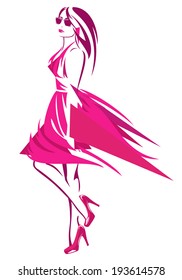 Beautiful woman wearing bright pink dress and high heeled shoes - fashion girl abstract design