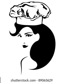 beautiful woman wearing chef's hat vector emblem - black and white outline