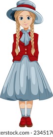 A beautiful woman wearing a classic vintage outfit in a vector cartoon illustration style