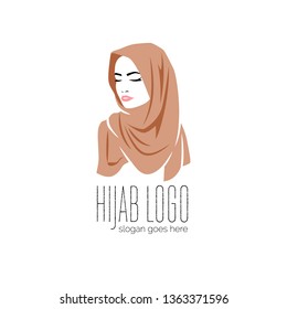 Beautiful woman wearing colorful hijab icon, logo isolated on white background, Muslim veil, vector illustration