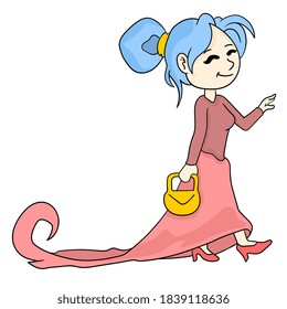 beautiful woman wearing dress is walking towards the party. cartoon illustration sticker emoticon