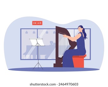 Beautiful woman wearing elegant dress sitting and playing harp in a studio room, a traditional musical instrument. Character design. Vector flat illustration