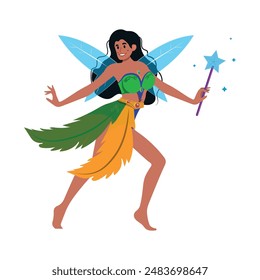 beautiful woman wearing fairy costume and feels happy, enchanted fairy. vector illustration