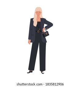 Beautiful woman wearing fashionable black suit. Female character in fashion clothes with trendy handbag. Vector illustration in a flat style