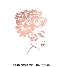 Beautiful woman wearing a flower wig and lipstick on her lips.Makeup, fashion and style vector icon.Beauty salon logo isolated on light background.Shiny pink color.Profile view lady face.
