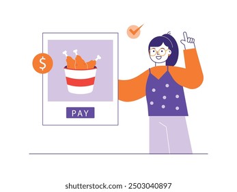 A beautiful woman wearing glasses ordering chicken on an online food app. Character design. Vector flat illustration