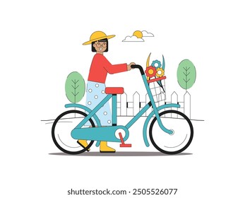 Beautiful woman wearing a hat is leisurely pushing a bicycle with a front basket filled with flowers, spring in the garden. Character design. Vector flat illustration