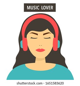 A beautiful woman wearing headphones listening music with closed eyes vector illustration on white background. Curly girl music lover relaxing when enjoy her favorite song. I love music concept.