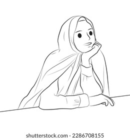 beautiful woman wearing hijab pose line cartoon illustration