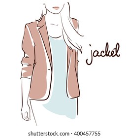 Beautiful woman wearing a jacket. Line art. Isolated on white background. Vector illustration eps 10.