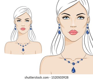 Beautiful woman wearing luxury jewelry, vector sketch illustration. Fashion model with Sapphire Earrings and Necklace.