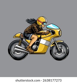 A Beautiful woman wearing open face crash helmet and sunglasses riding a yellow retro cafe racer motorcycle from side view, isolated cartoon illustration on a blue background