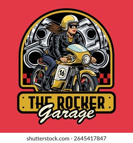 A Beautiful woman wearing open face crash helmet and sunglasses riding a yellow retro cafe racer motorcycle cartoon illustration