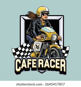 A Beautiful woman wearing open face crash helmet and sunglasses riding a yellow retro cafe racer motorcycle emblem cartoon illustration