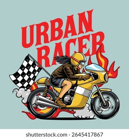 A Beautiful woman wearing open face crash helmet and sunglasses riding a yellow retro cafe racer motorcycle from a side view cartoon illustration