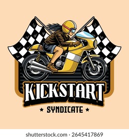 A Beautiful woman wearing open face crash helmet and sunglasses riding a yellow retro cafe racer motorcycle from a side view cartoon illustration
