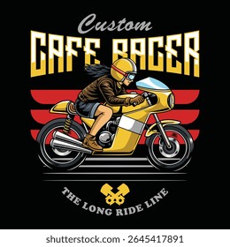 A Beautiful woman wearing open face crash helmet and sunglasses riding a yellow retro cafe racer motorcycle from a side view cartoon illustration