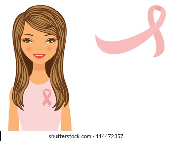 Beautiful woman wearing pink ribbon to help promote breast cancer awareness