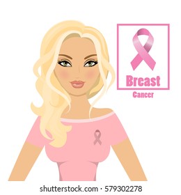 Beautiful woman wearing pink ribbons to raise awareness of breast cancer. The white haired girl. Stock vector. white hair girl