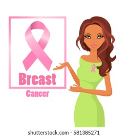 Beautiful woman wearing pink ribbons to raise awareness of breast cancer. Dark hair Stock vector.