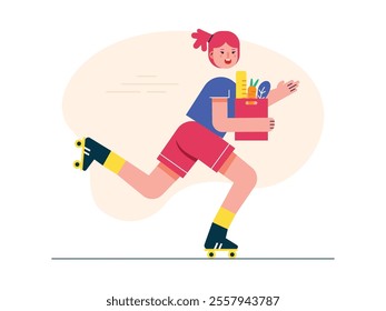 Beautiful woman wearing roller skates, after shopping at the grocery. Character design. Vector flat illustration