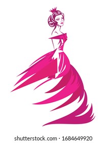 beautiful woman wearing royal crown and long evening gown. fairy tale princess or queen vector portrait.