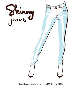 Beautiful Woman Wearing Skinny Jeans. Line Art. Isolated On White Background. Vector Illustration Eps 10.