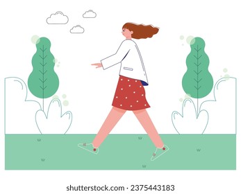 Beautiful woman wearing a skirt walking while enjoying the garden scenery with her hair blowing in the wind. Character design. Vector flat illustration