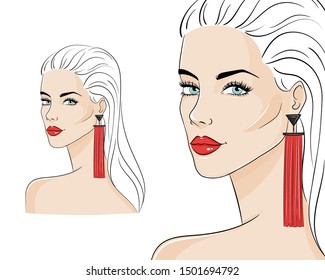 Beautiful woman wearing stylish jewelry, vector sketch illustration. Fashion model with red long tassel earrings.