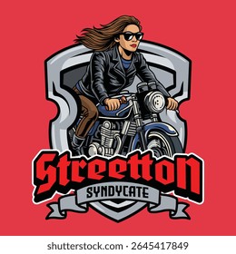 A beautiful woman wearing sunglasses riding a black retro cafe racer motorcycle emblem badge cartoon illustration