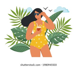 Beautiful woman wearing a swimsuit, sunglasses holding cocktail. Exotical tropical plants. Summer vacation, rest and relax. Leisure on a beach. Flat vector illustration. 