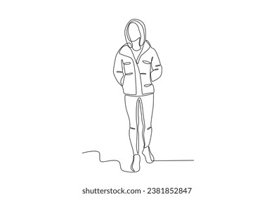 A beautiful woman wearing a thick down jacket. Winter outfit one-line drawing