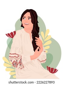 Beautiful woman wearing traditional Ukrainian clothes on white background. Vector illustration
