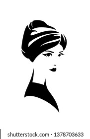beautiful woman wearing turban wrapped around her head - traditional national headwear black and white vector design