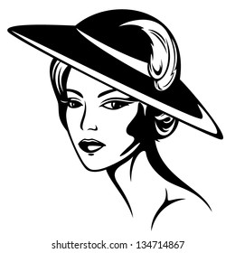 beautiful woman wearing vintage hat - black and white vector illustration