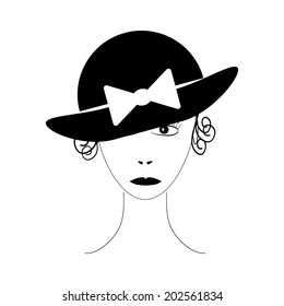 Beautiful woman wearing vintage hat on white background. Vector illustration.
