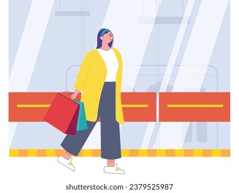 Beautiful woman wearing yellow coat walking with shopping bag, spending money for fun. Character design. Vector flat illustration