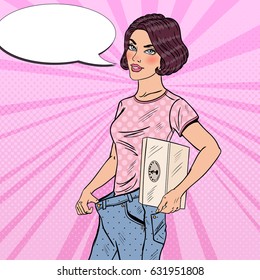 Beautiful Woman with Weights and Big Jeans Happy of Dieting Results. Healthy Lifestyle. Pop Art vector illustration