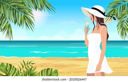 Hermosa mujer con traje blanco y sombrero caminando por la playa de arena del océano con hojas de palmeras y tomar un cóctel fresco. Fondo conceptual de verano con vistas a las niñas cerca del mar. Ilustración del vector