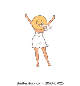 Beautiful woman in a white dress and hat. Body positive. Summer Vector tourist. Stock vector illustration isolated on white background.