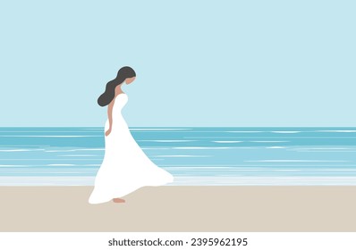 Beautiful woman in white dress on the beach vector illustration. Summer holidays beach concept