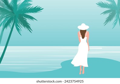 Beautiful woman in white dress on the beach vector illustration. Summer holidays beach concept
